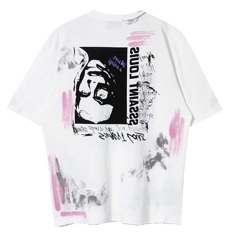 Saint Michael Pure Cotton Printed Tie Dyed Graffiti Ragged T-Shirt