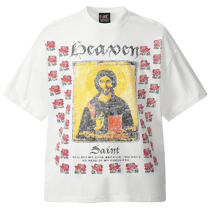 SAINT MICHAEL Rose Sanskrit Distressed Print T-Shirts