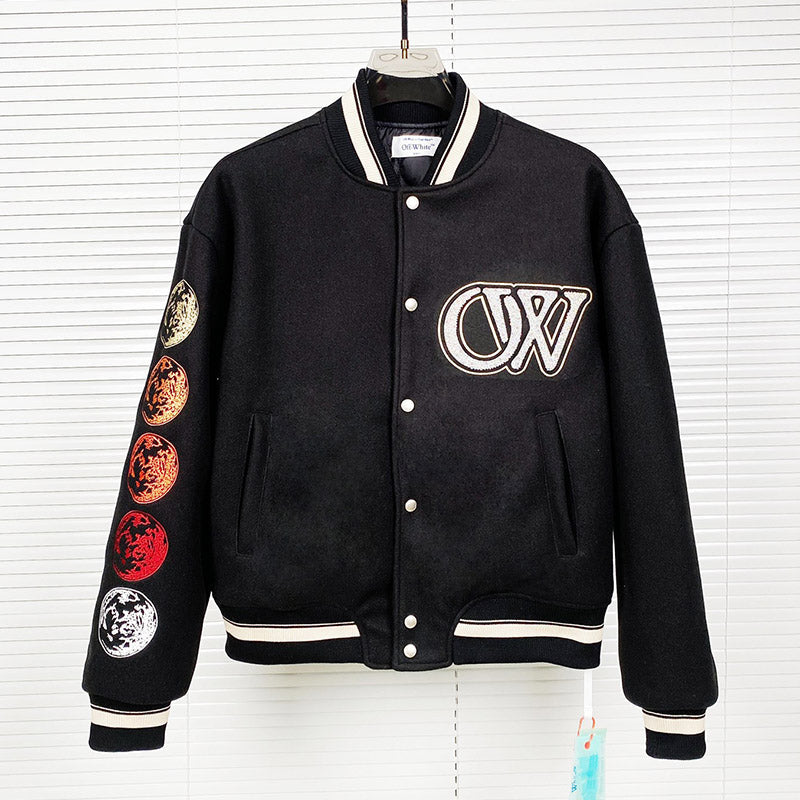 OFF WHITE Embroidered rhinestone filled down cotton jacket baseball uniform